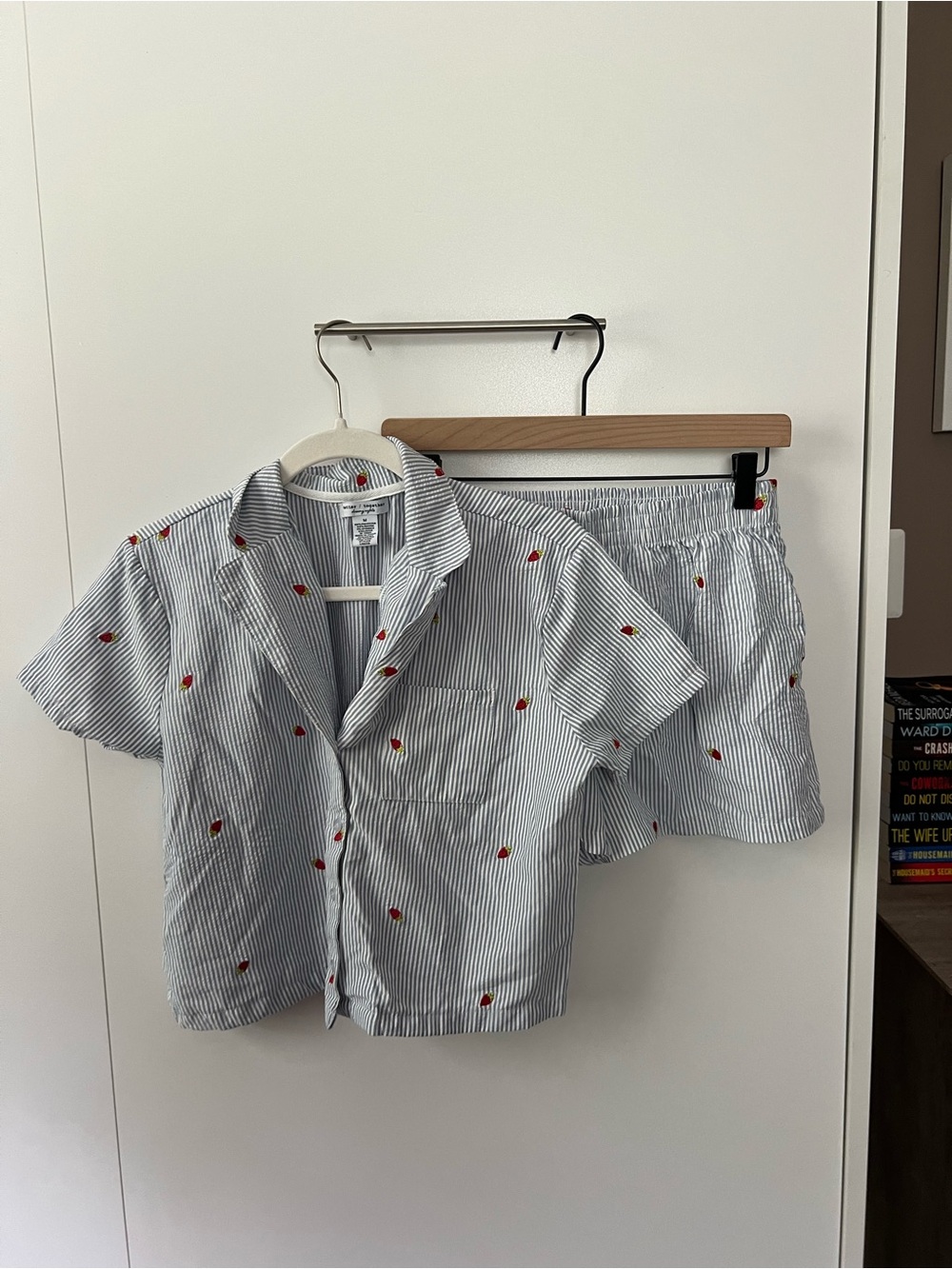 T.J.Maxx Blue Striped Short Sleeve Shirt & Shorts Set with Red Strawberry Motif